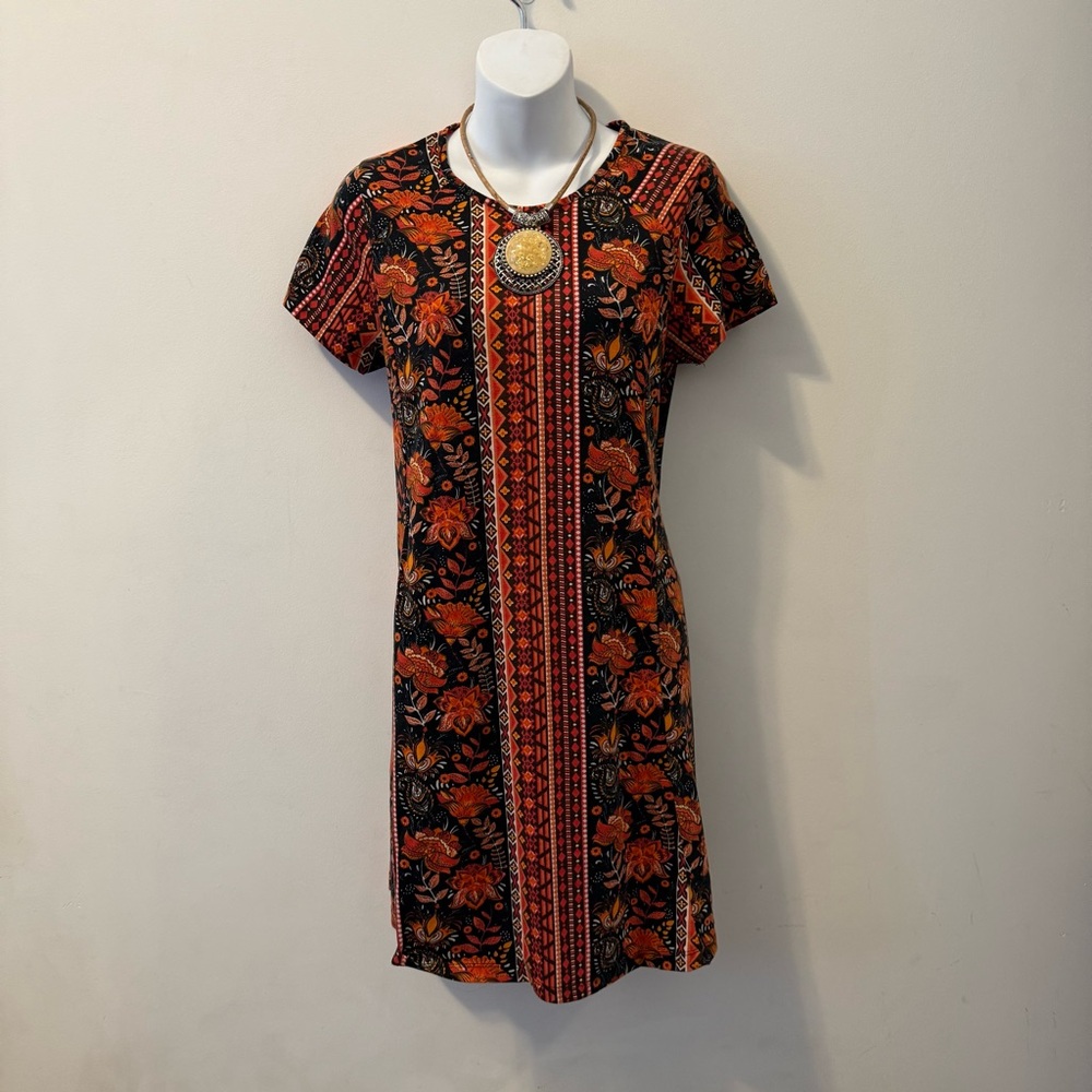 Black and Orange Boho Floral Mini Dress
